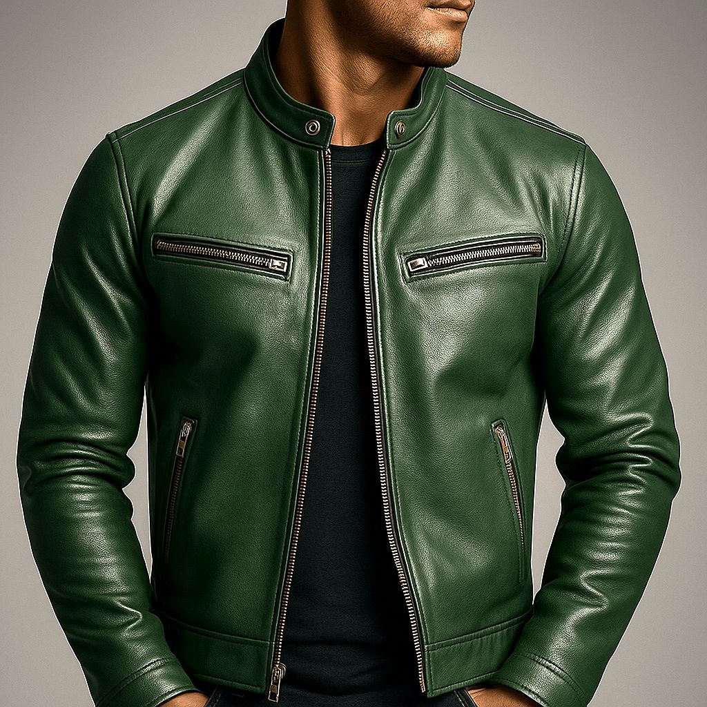 Veste Motard Effet Usé Aspect Cuir Col Montant Pour Homme