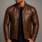 Veste Motard Effet Usé Aspect Cuir Col Montant Pour Homme