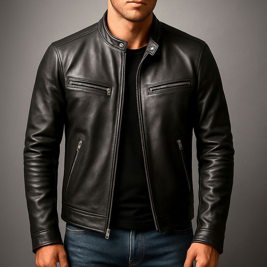 Veste Motard Effet Usé Aspect Cuir Col Montant Pour Homme