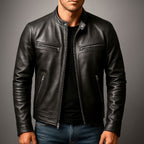 Veste Motard Effet Usé Aspect Cuir Col Montant Pour Homme