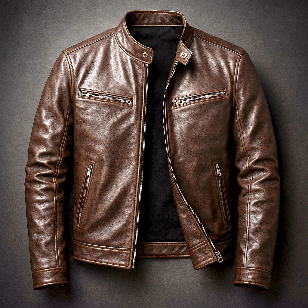 Veste Motard Effet Usé Aspect Cuir Col Montant Pour Homme